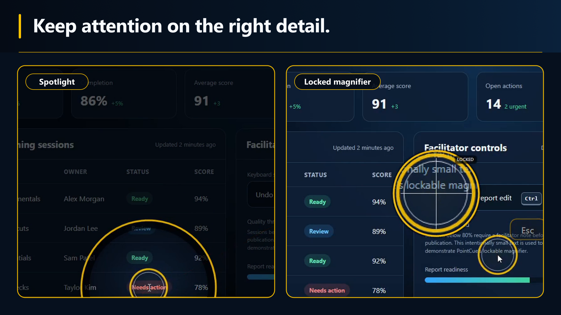 PointCue Spotlight and Magnifier keeping attention on a specific on-screen detail