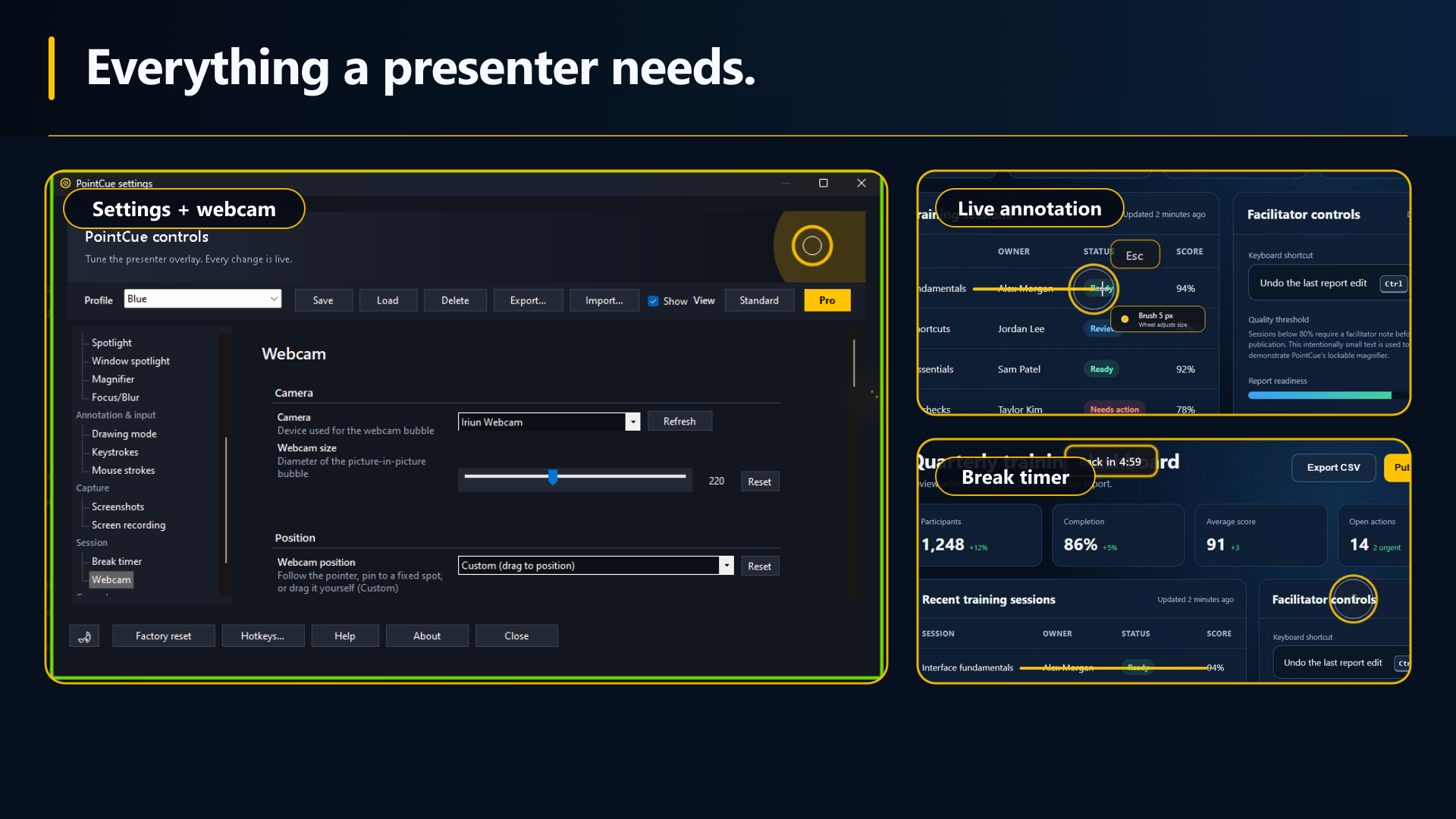 PointCue settings showing presentation tools, profiles, hotkeys, and capture controls