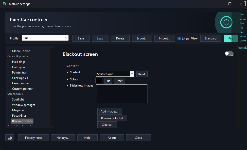 Settings window showing the Blackout screen page with content mode, colour, and slideshow images controls