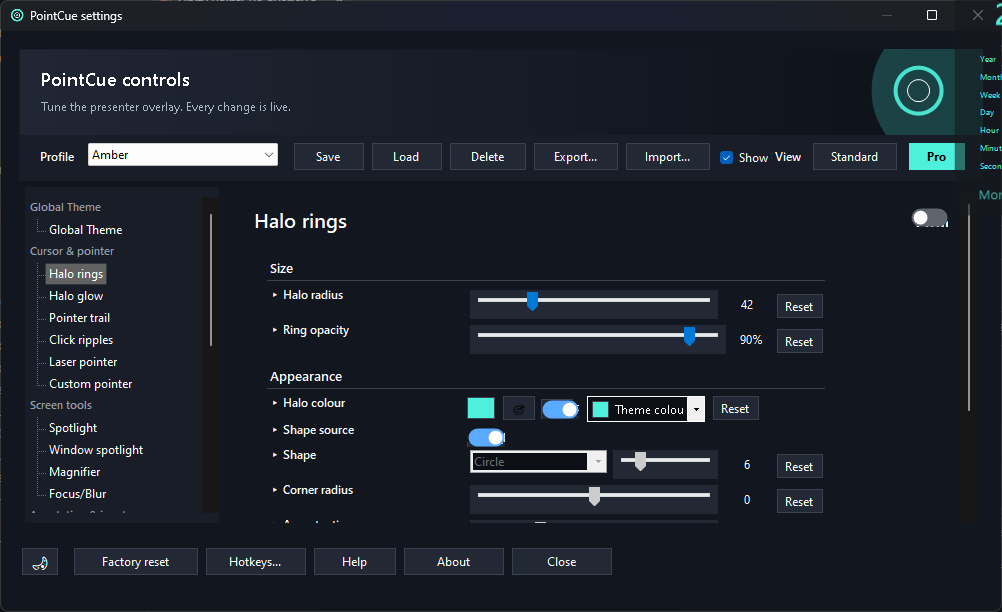 Settings window showing the Halo rings page with size, opacity, colour, and shape controls