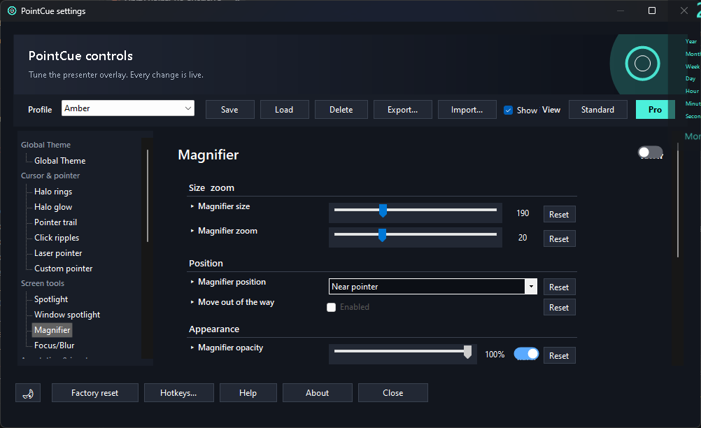 Settings window showing the Magnifier page with size, zoom, position, and opacity controls