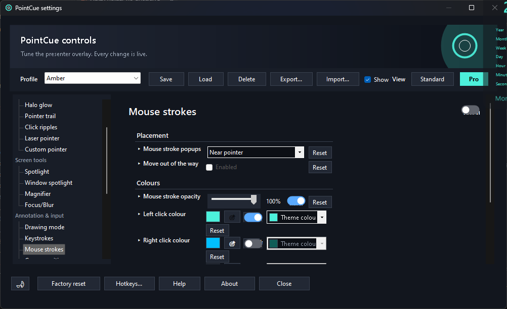 Settings window showing the Mouse strokes page with placement and colour controls