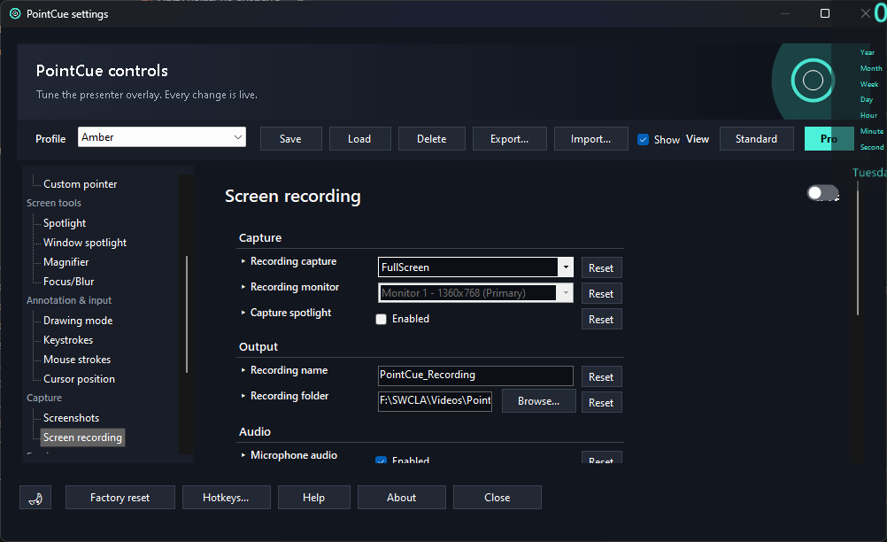 Settings window showing the Screen recording page with capture, output, and audio controls