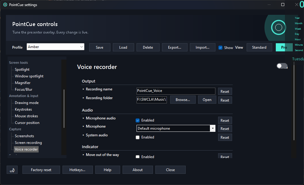 Settings window showing the Voice recorder page with output, audio, and indicator controls