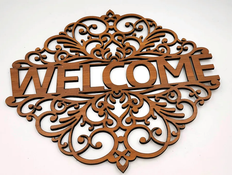 Decorative laser-cut wooden welcome sign